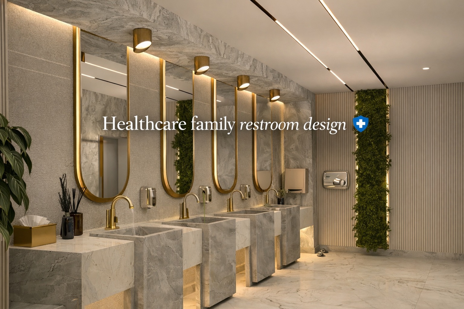 Healthcare family restroom concept with white and gold BathSelect touchless faucet